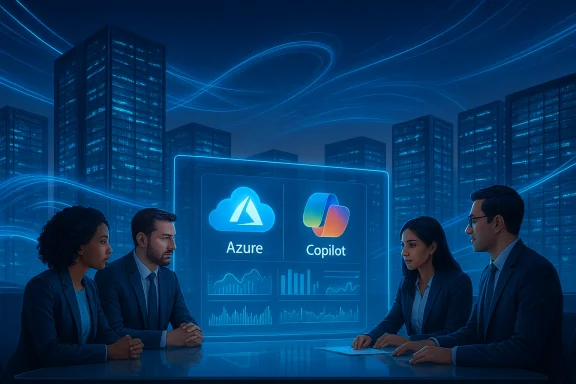 Four professionals discuss cloud tech beside a glowing holographic dashboard showing Azure and Copilot. Four professionals discuss cloud tech beside a glowing holographic dashboard showing Azure and Copilot.