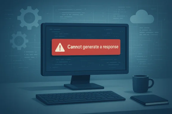 A computer monitor displays a red error banner: 'Cannot generate a response.'