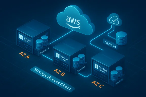 Windows Server with Storage Spaces Direct spanning AZ A, AZ B, AZ C, connected to AWS cloud. Windows Server with Storage Spaces Direct spanning AZ A, AZ B, AZ C, connected to AWS cloud.