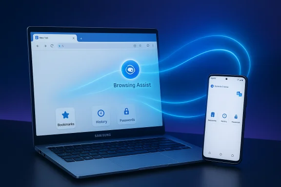 Samsung laptop and smartphone showing Browsing Assist with blue, flowing connectivity. Samsung laptop and smartphone showing Browsing Assist with blue, flowing connectivity.