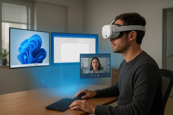 A man wearing a VR headset works with floating holographic monitors and a video call. A man wearing a VR headset works with floating holographic monitors and a video call.