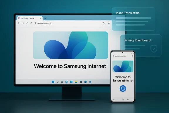 Samsung Internet welcome page shown on a desktop monitor and smartphone, with translucent translation and privacy panels. Samsung Internet welcome page shown on a desktop monitor and smartphone, with translucent translation and privacy panels.