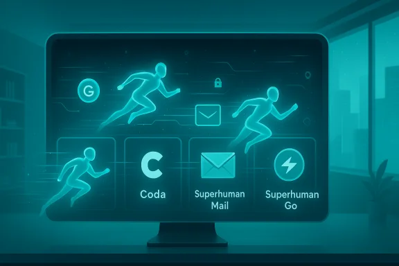 Futuristic teal monitor shows running silhouettes and app icons like Coda, Superhuman Mail, and Superhuman Go. Futuristic teal monitor shows running silhouettes and app icons like Coda, Superhuman Mail, and Superhuman Go.