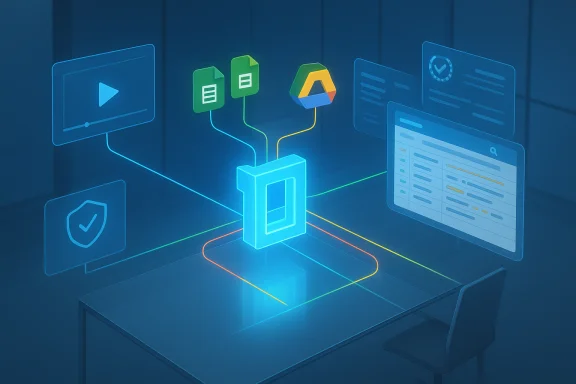 Futuristic holographic data hub linking video, docs, Drive, and dashboards. Futuristic holographic data hub linking video, docs, Drive, and dashboards.