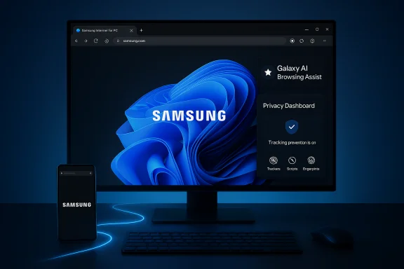 Samsung desktop setup showing Galaxy AI features and a linked Galaxy phone in blue neon lighting. Samsung desktop setup showing Galaxy AI features and a linked Galaxy phone in blue neon lighting.