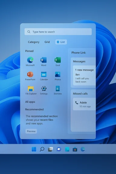 Windows-style start menu with pinned apps on a blue abstract wallpaper. Windows-style start menu with pinned apps on a blue abstract wallpaper.