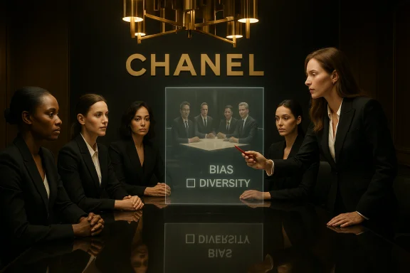 Five women in black suits sit around a Chanel boardroom table as a presenter points to bias vs diversity. Five women in black suits sit around a Chanel boardroom table as a presenter points to bias vs diversity.