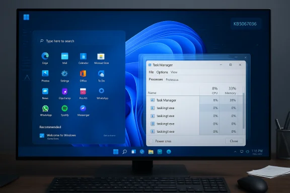 Monitor displaying Windows 11 desktop with Start menu and a floating Task Manager window. Monitor displaying Windows 11 desktop with Start menu and a floating Task Manager window.