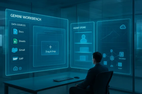 A man sits at a desk, viewing holographic Gemini Workbench dashboards with data sources and analytics. A man sits at a desk, viewing holographic Gemini Workbench dashboards with data sources and analytics.