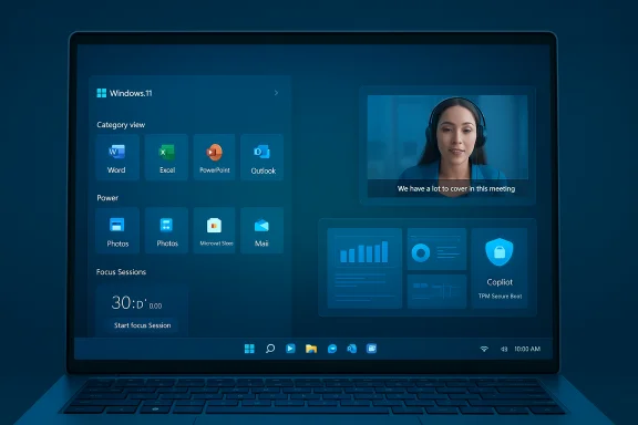 Blue-tinted laptop screen shows Windows 11 with app tiles and a video call panel. Blue-tinted laptop screen shows Windows 11 with app tiles and a video call panel.