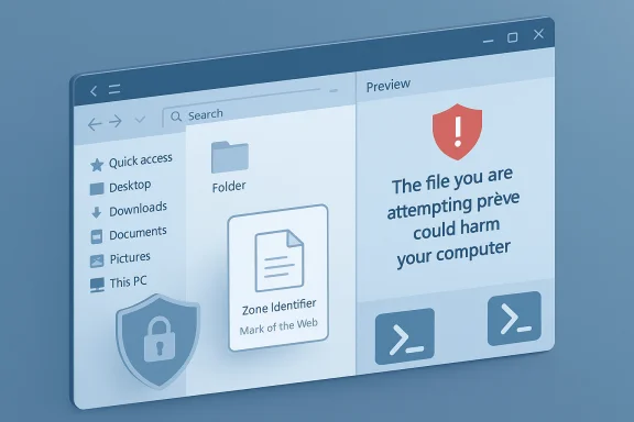 A computer file explorer window showing a security warning about a potentially harmful file. A computer file explorer window showing a security warning about a potentially harmful file.