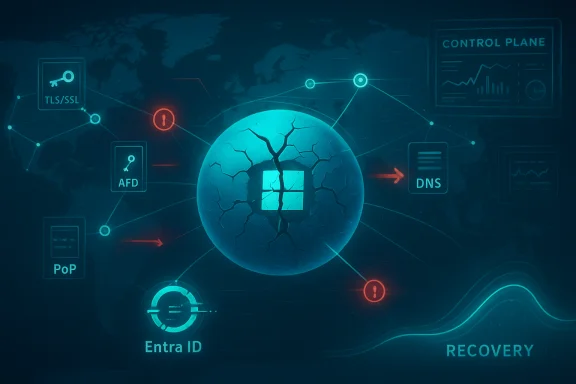 Global cybersecurity network visualization centered on a cracked Windows sphere featuring Entra ID and recovery.
