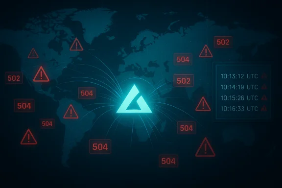 Global network outage depicted by red 502/504 errors surrounding a glowing central triangle. Global network outage depicted by red 502/504 errors surrounding a glowing central triangle.