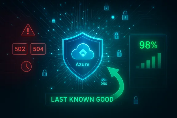 Azure cloud security shield glowing among circuitry, with 'Last Known Good' and a 98% status.