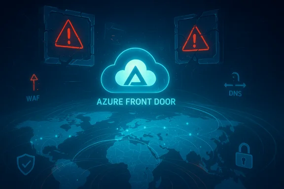 Azure Front Door cloud service logo, surrounded by global network and security icons. Azure Front Door cloud service logo, surrounded by global network and security icons.