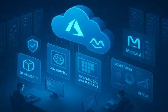 Blue-toned data center scene showing a cloud AI platform with dashboards and Mistral AI branding.