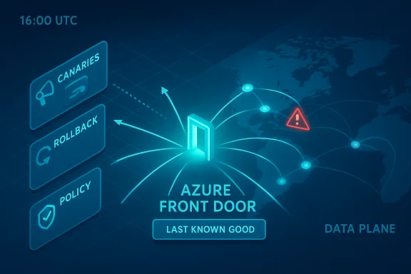 Azure Front Door network diagram with canaries, rollback, policy, and global data plane.