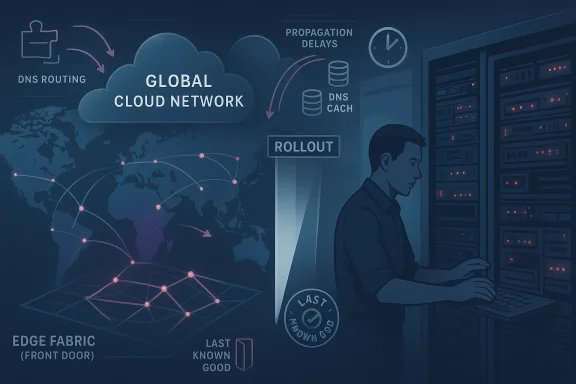 A technician at a server rack monitors a global cloud network with DNS and rollout graphics.
