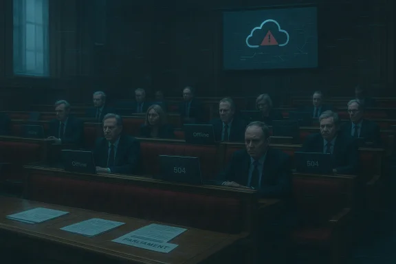 Dim Parliament chamber with suited officials at laptops showing Offline, as a cloud alert is projected.