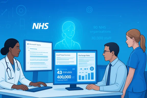 An NHS medical team collaborates at a desk, reviewing patient data on multiple screens.