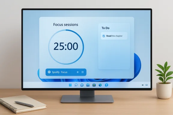 A computer monitor displays a blue focus UI with a 25:00 timer and a To Do card. A computer monitor displays a blue focus UI with a 25:00 timer and a To Do card.