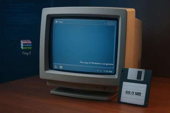 A vintage CRT monitor shows a Windows desktop with a not genuine watermark and a 69 MB floppy. A vintage CRT monitor shows a Windows desktop with a not genuine watermark and a 69 MB floppy.