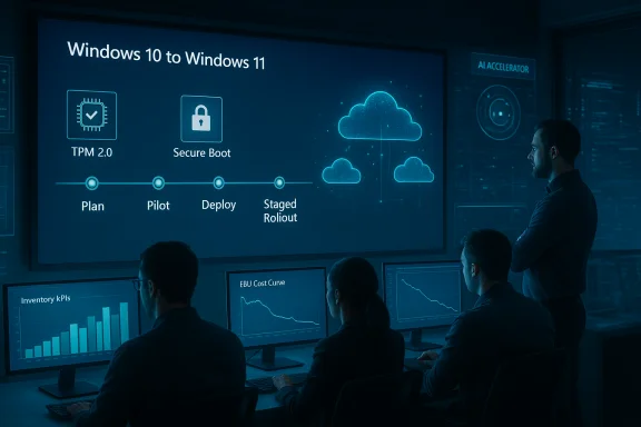 Team reviews Windows 10 to 11 upgrade plan on a large screen with TPM and cloud icons.