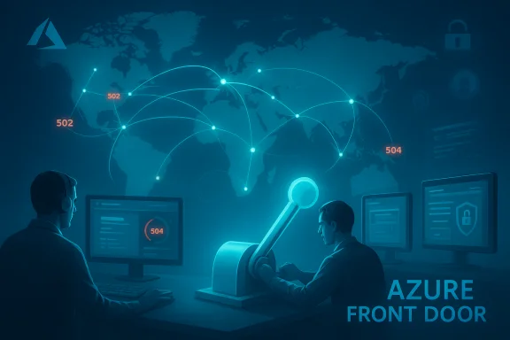 Two tech workers monitor a glowing global network map for Azure Front Door.