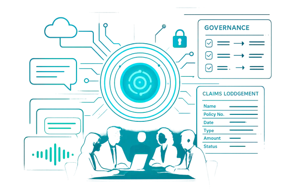 A team discusses amid a glowing digital interface of circuits and governance icons.