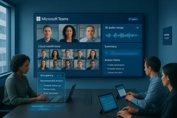 Team members in a conference room view a Microsoft Teams dashboard on a large wall screen. Team members in a conference room view a Microsoft Teams dashboard on a large wall screen.