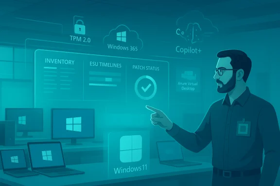 A tech professional points at a Windows IT dashboard showing inventory, timelines, and patch status. A tech professional points at a Windows IT dashboard showing inventory, timelines, and patch status.