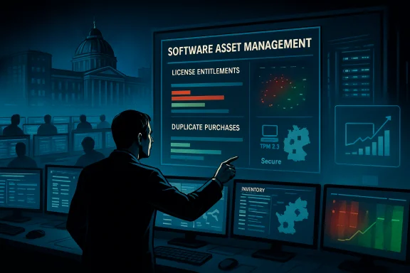 A person analyzes software asset management data on a giant screen in a control room.