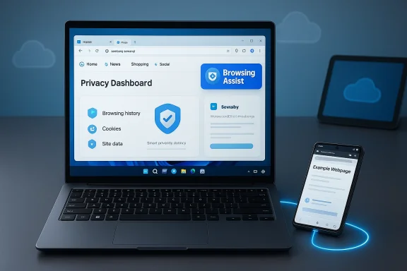 Laptop screen shows Privacy Dashboard with Browsing Assist; a phone glows on a blue ring. Laptop screen shows Privacy Dashboard with Browsing Assist; a phone glows on a blue ring.