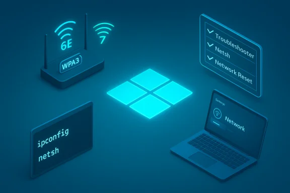Neon blue network tools surround a glowing Windows tile logo. Neon blue network tools surround a glowing Windows tile logo.