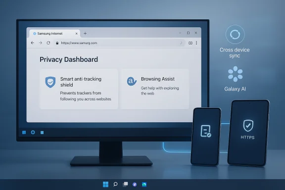 A computer monitor and two smartphones display a Privacy Dashboard with cross-device sync. A computer monitor and two smartphones display a Privacy Dashboard with cross-device sync.