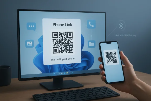 A monitor and phone display a QR code for linking devices with Phone Link. A monitor and phone display a QR code for linking devices with Phone Link.