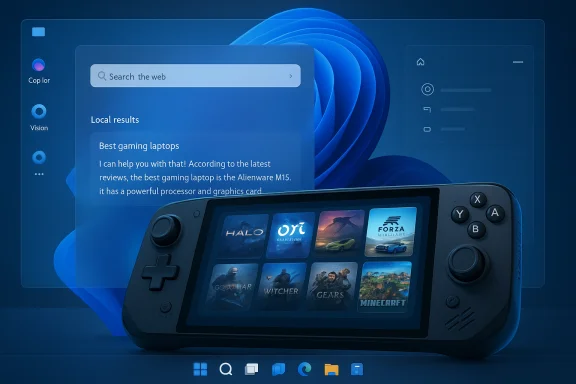 A handheld gaming device sits before a blue Windows-like UI with a search bar and game tiles.