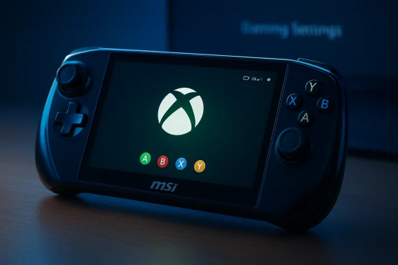 An MSI handheld gaming device shows the Xbox logo on its screen.