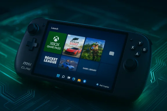 Handheld gaming console showing a launch screen with Xbox Game Pass, Forza, Rocket League, and Game Library.
