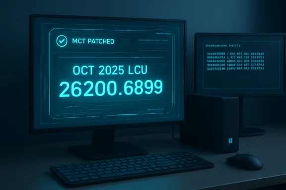 Blue-tinted futuristic computer setup displaying 'MCT PATCHED' with a large numeric readout. Blue-tinted futuristic computer setup displaying 'MCT PATCHED' with a large numeric readout.