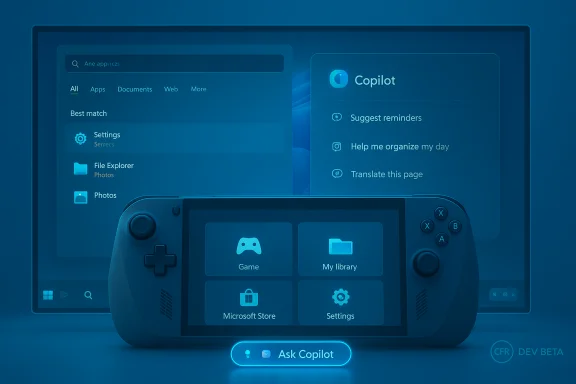 Handheld gaming console before a Windows-style UI with Copilot panel and a glowing 'Ask Copilot' button.