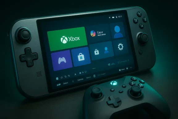 A handheld gaming console displays an Xbox home screen with colorful tiles and a matching controller.