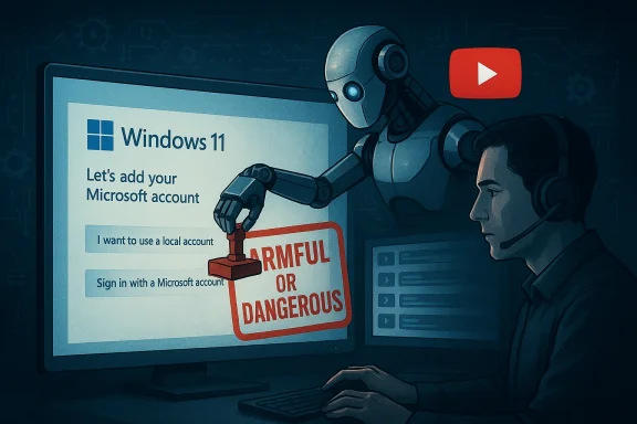 A robot stamps 'harmful or dangerous' on a Windows 11 sign-in screen. A robot stamps 'harmful or dangerous' on a Windows 11 sign-in screen.