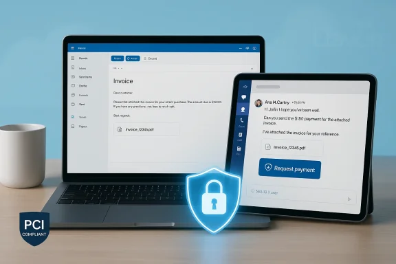 Laptop and tablet display an invoicing app with a security shield and PCI-compliant badge.