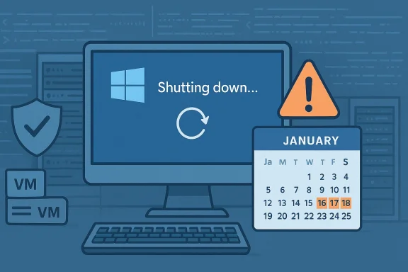 A Windows desktop displays 'Shutting down...' with a calendar alert and warning icon.