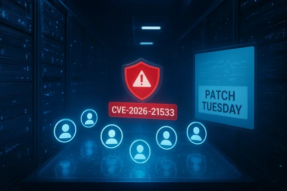 Data center cyber alert: CVE-2026-21533 with Patch Tuesday sign and glowing user icons.