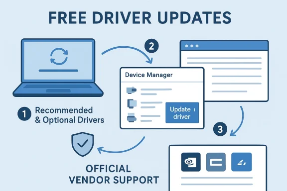 Illustration showing “Free Driver Updates” steps with Device Manager and laptop, including optional drivers.
