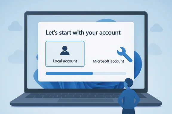 Illustration of a laptop account setup screen offering local or Microsoft account selection.