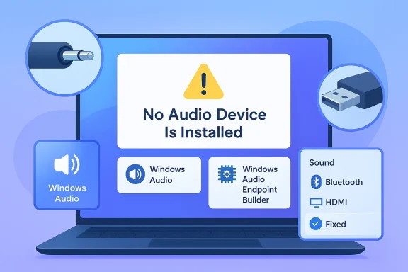 Illustration of a laptop showing “No Audio Device Is Installed” with Windows audio and HDMI options.
