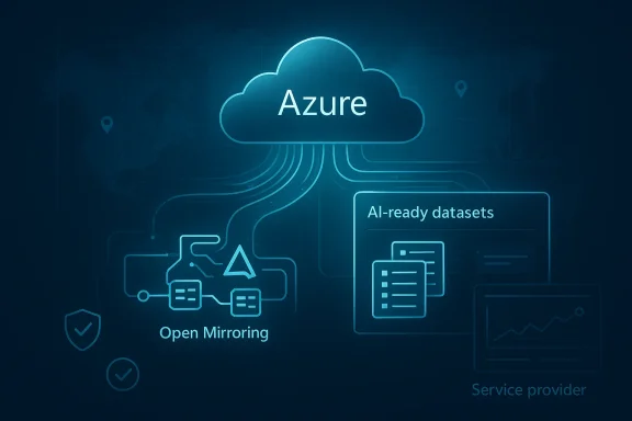 Azure cloud icon with connected AI-ready datasets, open mirroring, and service provider graphics. Azure cloud icon with connected AI-ready datasets, open mirroring, and service provider graphics.